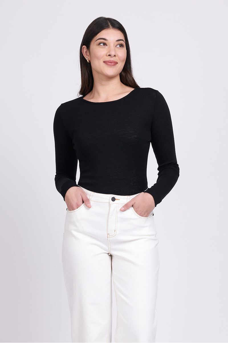 FINE MERINO CREW NECK TOP - BLACK