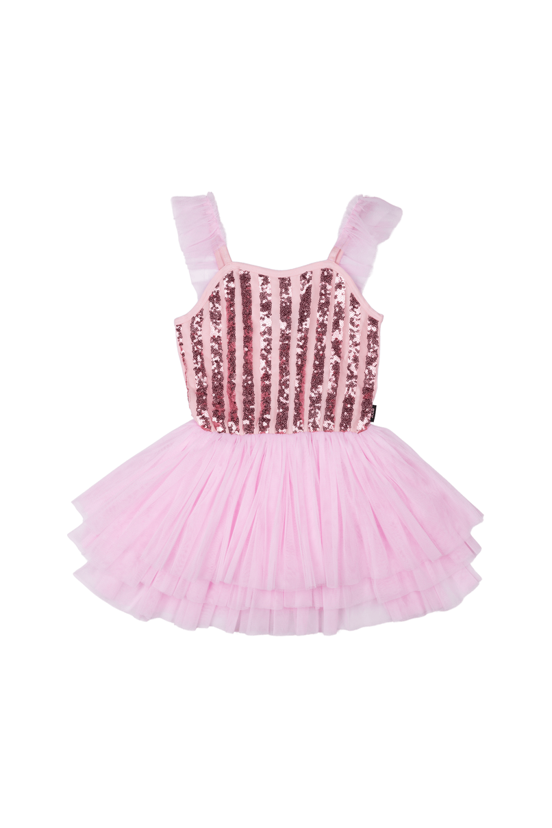 PINK STRIPE SEQUIN TULLE LEOTARD DRESS