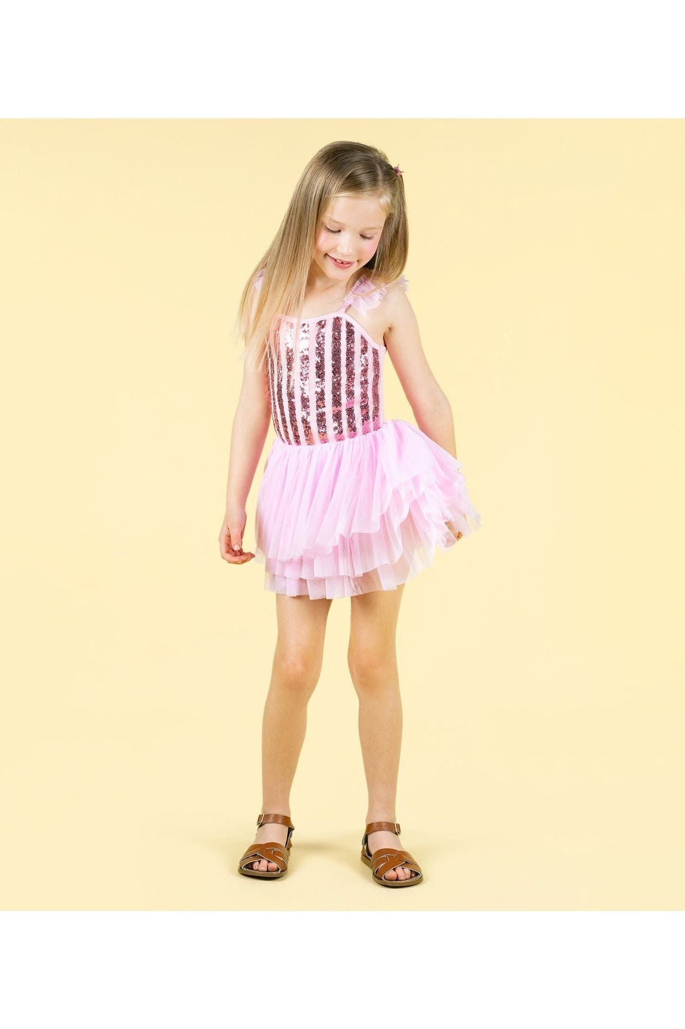 PINK STRIPE SEQUIN TULLE LEOTARD DRESS