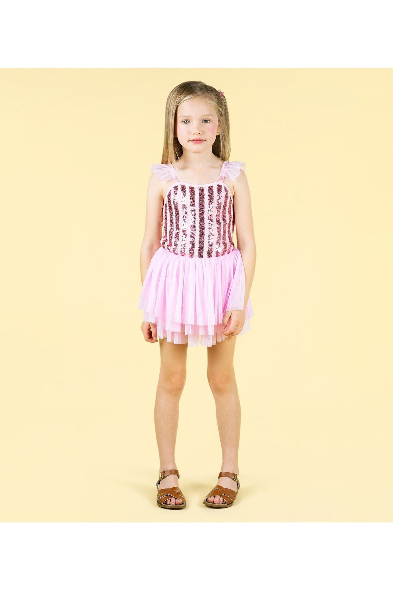 PINK STRIPE SEQUIN TULLE LEOTARD DRESS