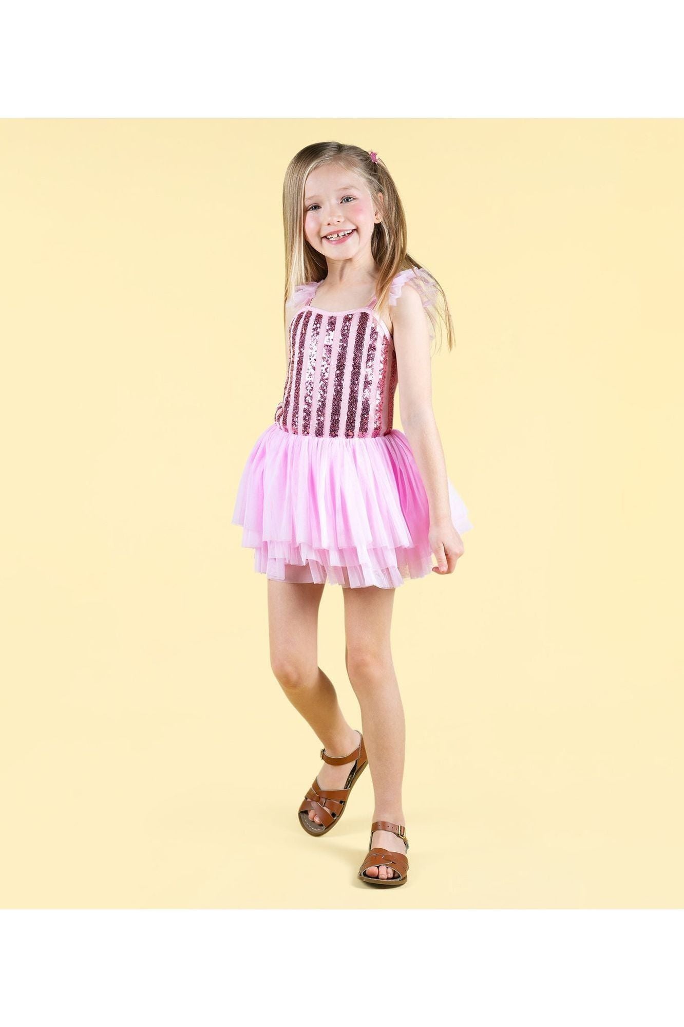 PINK STRIPE SEQUIN TULLE LEOTARD DRESS