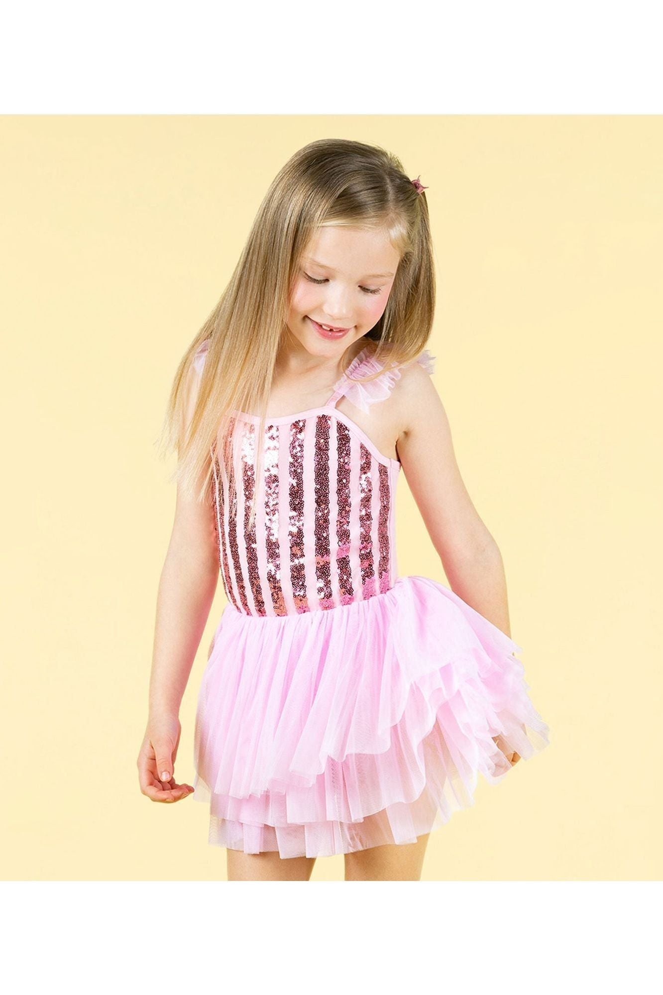 PINK STRIPE SEQUIN TULLE LEOTARD DRESS