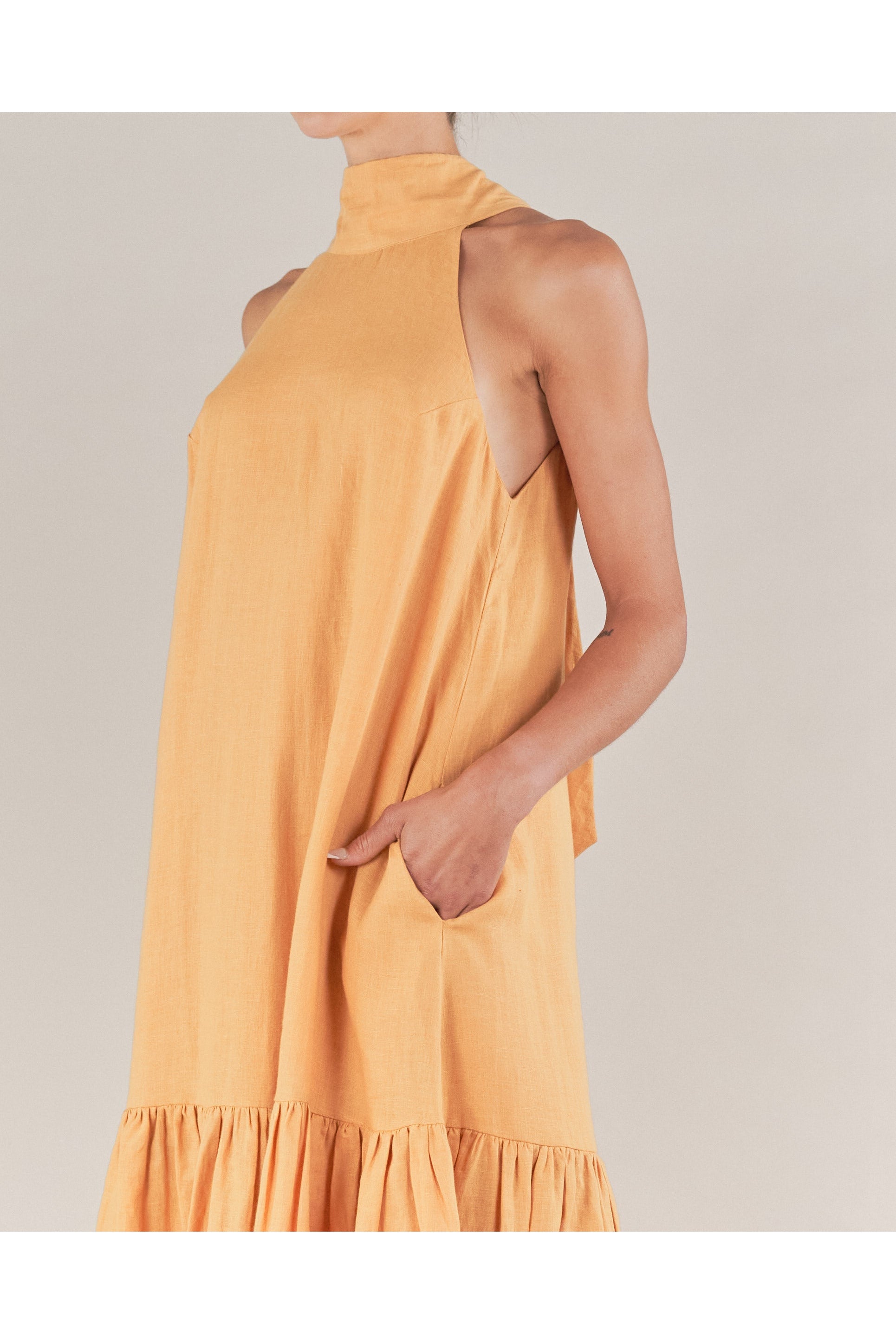 Aruba Linen Tie-Neck Dress - Tumeric