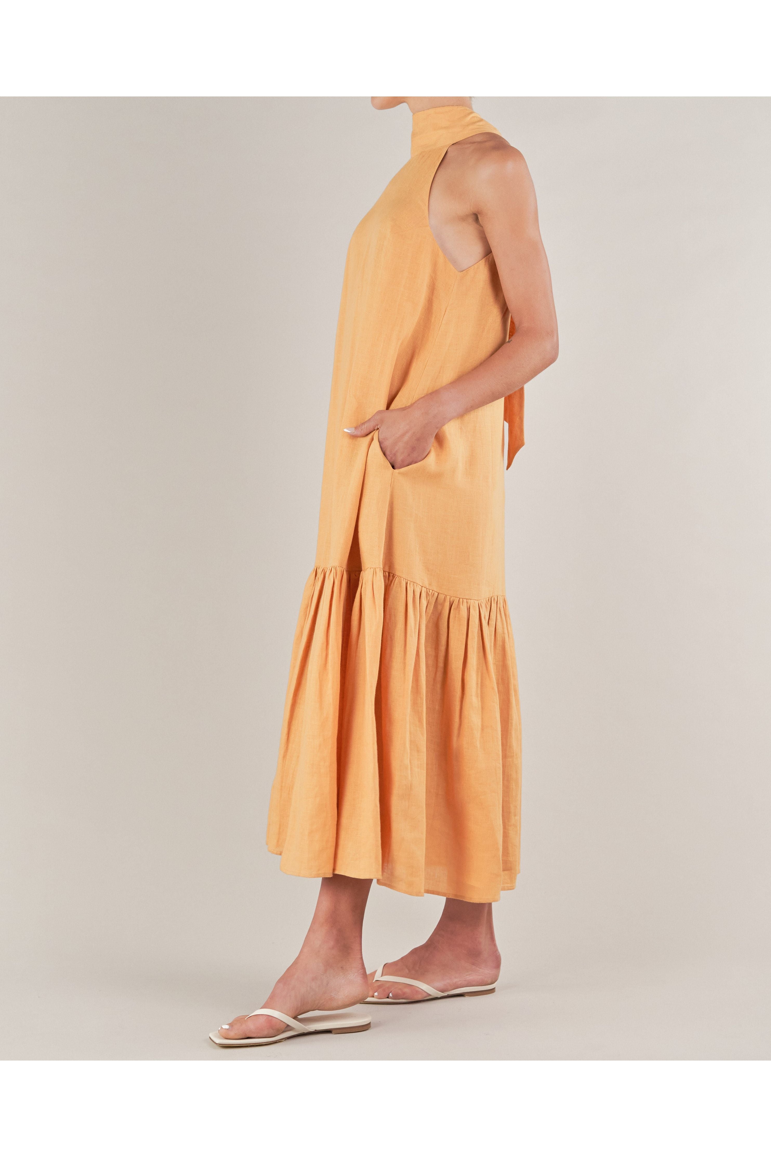 Aruba Linen Tie-Neck Dress - Tumeric