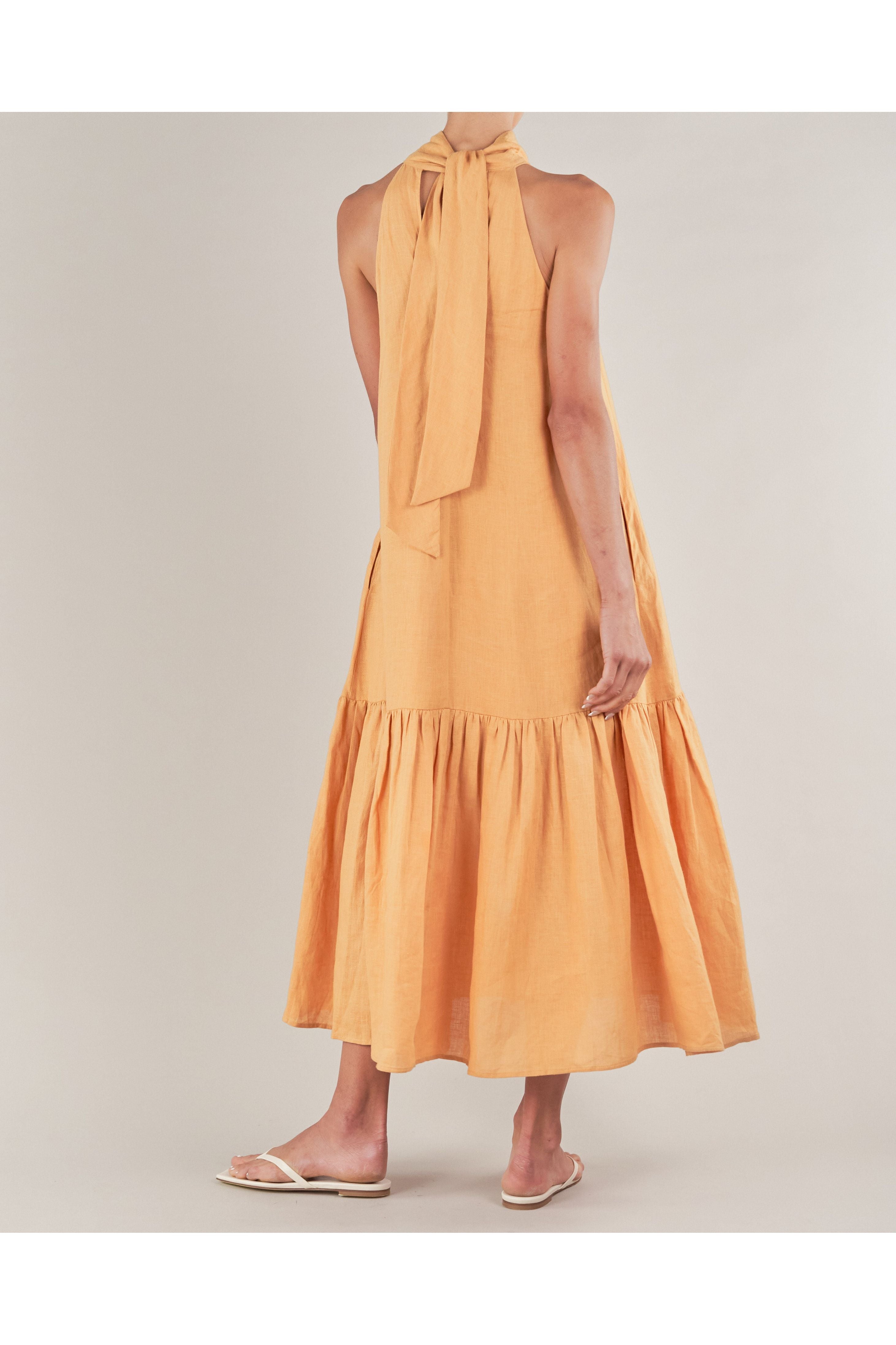 Aruba Linen Tie-Neck Dress - Tumeric