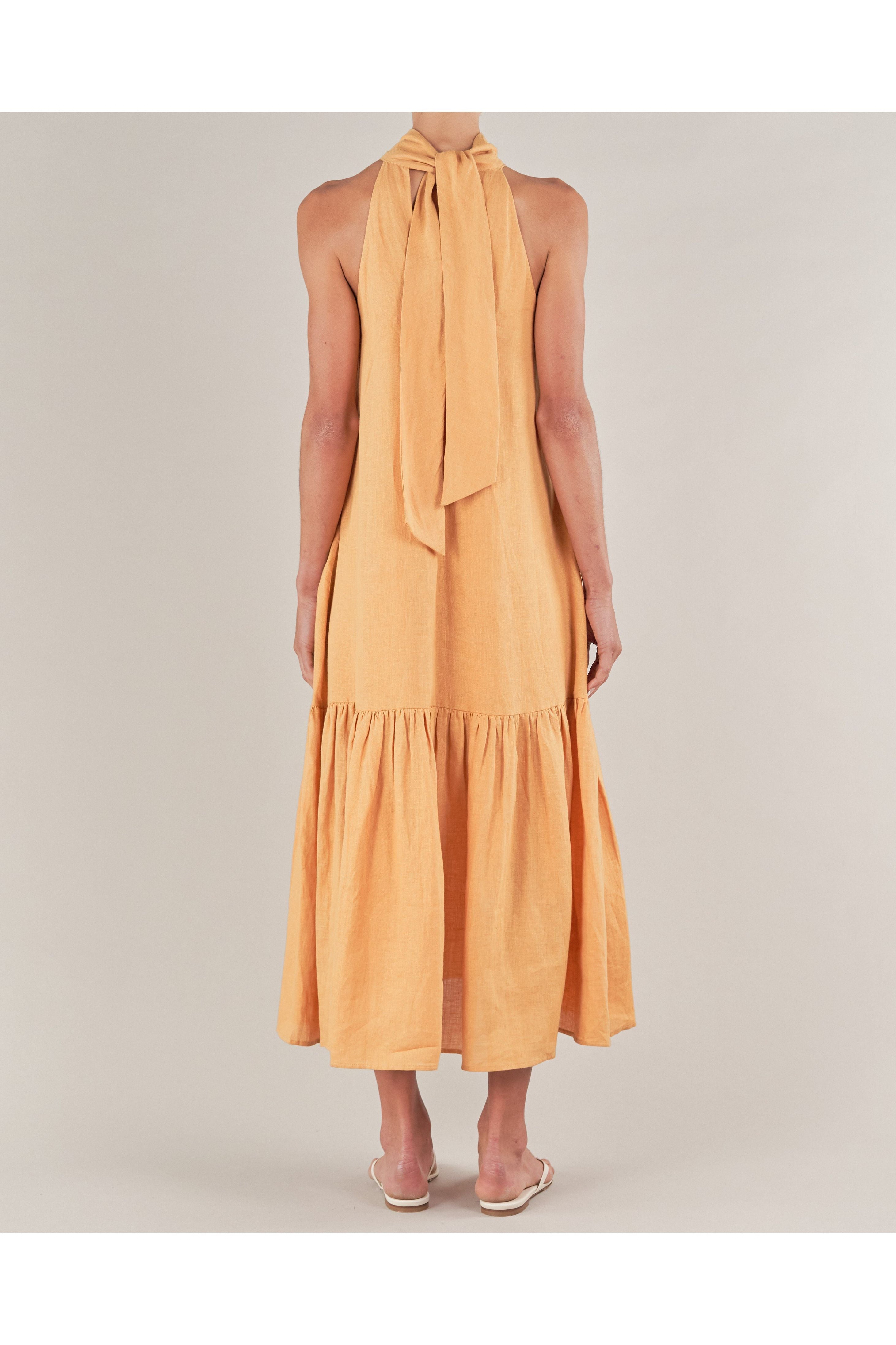 Aruba Linen Tie-Neck Dress - Tumeric